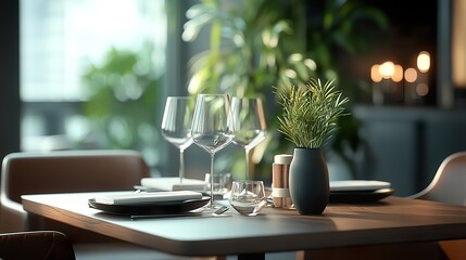 stylish dining table with a dark wood finish, paired with sleek leather chairs and contemporary tabl