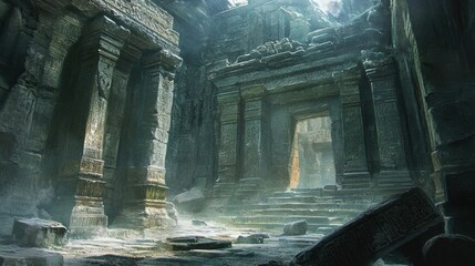 Canvas Print - Ancient Stone Temple Ruins with Sunbeams Piercing Through