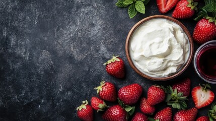 Various ripe strawberries and a bowl of whipped cream garnished with fresh leaves, elegantly presented on a dark surface, signifying the essence of summer desserts.