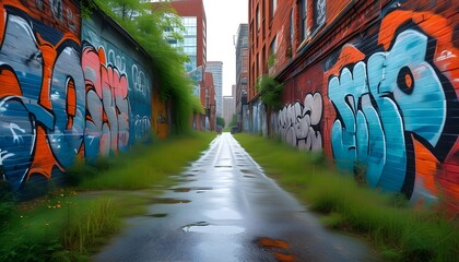 Wall Mural - Urban alley adorned with vibrant graffiti, reflecting puddles on the wet pavement, creating a captivating low angle city street scene