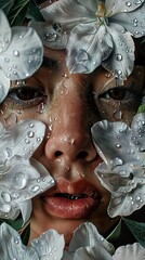 Wall Mural - Woman's Face Hidden by Delicate Flowers and Water Drops