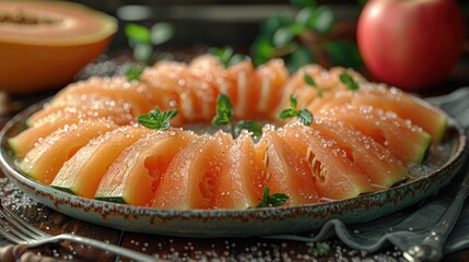 Wall Mural - Fresh papaya slices arranged in a circle on a plate, sprinkled with sugar and garnished with mint leaves.