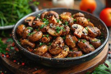 Wall Mural - Close-up of a black bowl filled with sauteed mushrooms, herbs, and spices on a wooden surface.