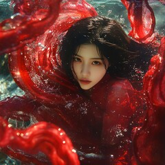 Poster - A woman submerged in water surrounded by red tendrils.