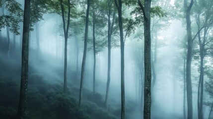 Sticker - A Misty Forest with Tall Trees and Foggy Atmosphere