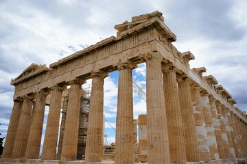 columns and marble remains of the mighty parthenon on the hill of the acropolis in athens, sacred te