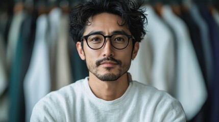 A thoughtful man wearing glasses, posed among hanging clothes, symbolizes contemplation, choice, and the art of modern fashion and individuality.