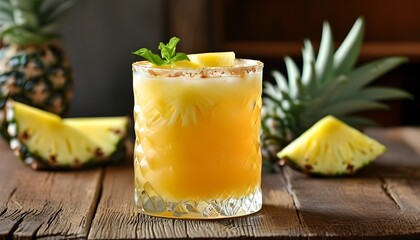 Wall Mural - Tropical pineapple piña colada mocktail served on a rustic wooden bar table for a refreshing getaway vibe