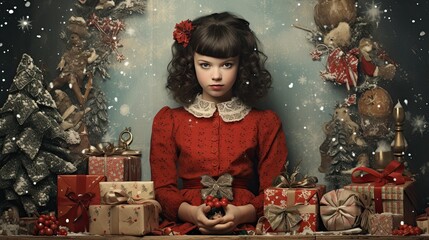 Poster - Vintage Christmas card with girl