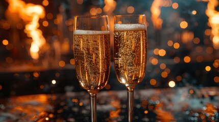 New Year's Toast: Celebrating with Champagne Flutes and Bokeh Fireworks