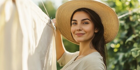 A woman wearing a straw hat is smiling and posing for a picture. She is standing in front of a white sheet, which is hanging on a clothesline. Concept of leisure and relaxation