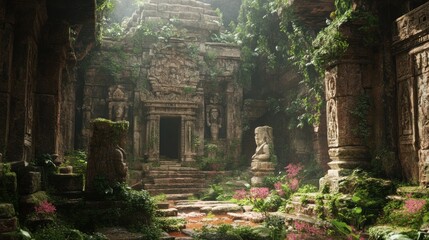 Canvas Print - Ancient Stone Temple Overgrown with Lush Jungle Vegetation