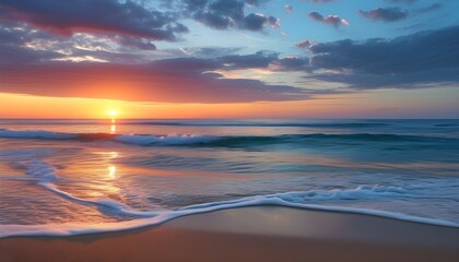 serene sunset over sandy beach with gentle waves creating a peaceful summer seascape ambiance