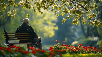 Senior man sitting on a bench in the park, enjoying the nature and the sunshine