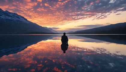 Elegant lakeside solitude at sunrise with reflections dancing on tranquil water surface