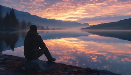 Wall Mural - Elegant lakeside solitude at sunrise with reflections dancing on tranquil water surface