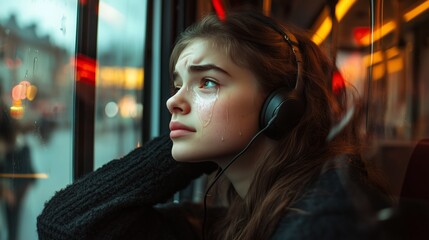 Young woman crying with headphones on a bus at night