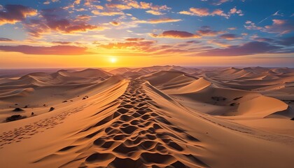 breathtaking desert sand dunes under a stunning sunset panorama