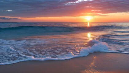 Serene sunset over gentle waves lapping against sandy shores, creating a peaceful summer beach seascape backdrop