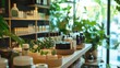 © Victoria - A store showcases natural cosmetics, surrounded by lush green plants and neatly arranged jars, creating a calming shopping experience for customers