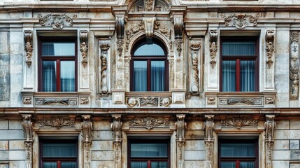 ornate facade of a historic building with windows and intricate stonework