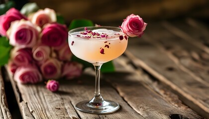 Wall Mural - lychee mocktail on rustic wooden table adorned with romantic rose bouquet