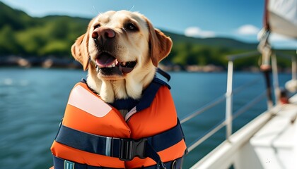 Wall Mural - Adventure at sea with a Labrador in a lifejacket on a sailing boat, enjoying a summer getaway with a furry companion