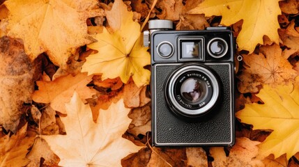 An old film camera sits surrounded by colorful autumn leaves, emphasizing the beauty of nature in the fall. This setup captures the essence of the season and photography