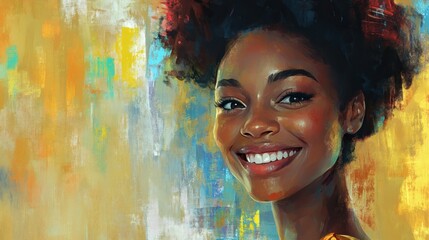 Wall Mural - Portrait of a Smiling Woman with Afro Hair Against a Colorful Abstract Background