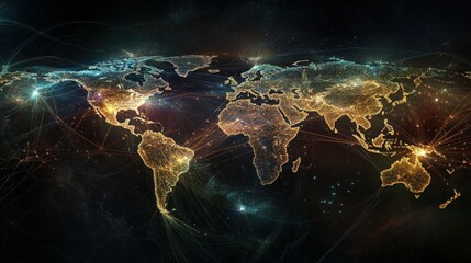 Poster - A World Map Illuminated by City Lights and Interconnected by Lines