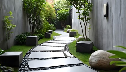 Wall Mural - serene garden path adorned with uniquely shaped block walls