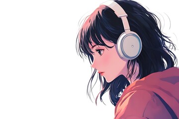 Wall Mural - Anime girl with headphones listening to music, white background