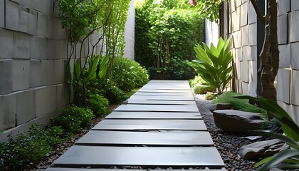 Wall Mural - serene garden path adorned with uniquely shaped block walls