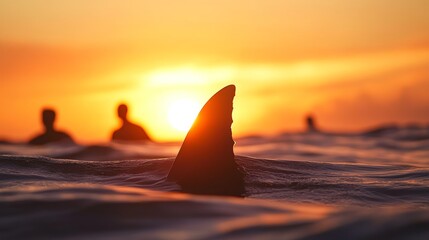 Shark fin in ocean at sunset, silhouette of swimmers in background. Adventure and danger concept