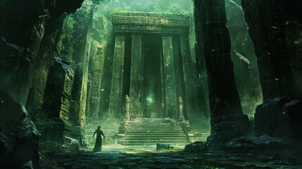 Canvas Print - A lone figure approaches an overgrown temple entrance