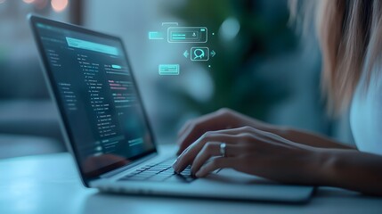 woman typing on laptop with code and digital elements on screen