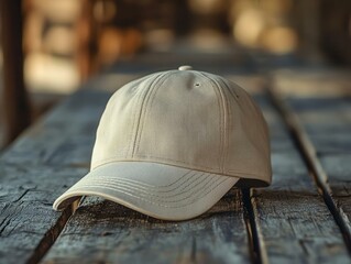 A stylish beige cap rests on a rustic wooden table, perfect for casual outings or sunny days.