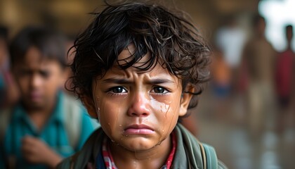 Canvas Print - young boy experiencing distress and emotional meltdown in a school environment