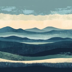 Wall Mural - Abstract landscape with layered hills and soft colors.