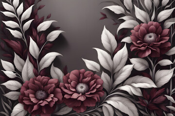 Wall Mural - Elegant Floral Frame Design: Enigmatic Flowers and Foliage in Shadows Creating a Mysterious Border