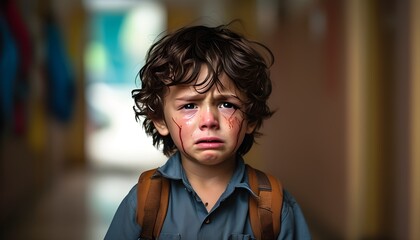 Canvas Print - young boy experiencing distress and emotional meltdown in a school environment