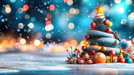 Wall Mural -   A Christmas tree topped with a star sits amidst presents and holiday decorations on a snow-covered surface