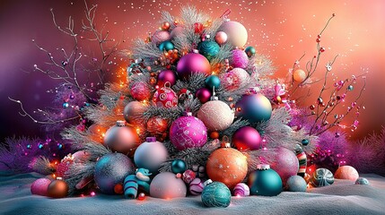 Wall Mural -   A Christmas tree made of balls and tinsel on a snow-covered ground with a red background, painted