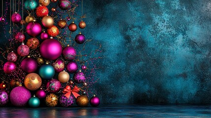 Wall Mural -   A Christmas tree adorned with ornaments against a blue backdrop, topped with a red ribbon