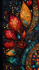 Wall Mural -   Black background with colorful leaves and swirls, framed in black