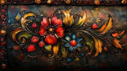 Wall Mural -   Close-up of metal art with vibrant flowers