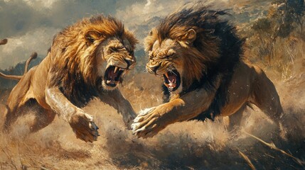 two lions facing each other with open mouths, roaring in a dusty grassland