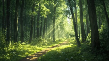 Sticker - Sunbeams Through a Winding Forest Path