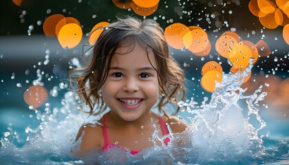 Joyful young girl splashing in swimming pool with sparkling bokeh light creating a magical atmosphere