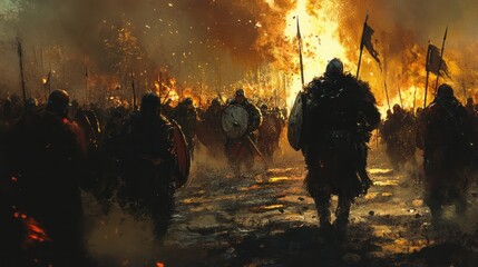 Canvas Print - Silhouetted Army of Medieval Warriors Marching Through Fire